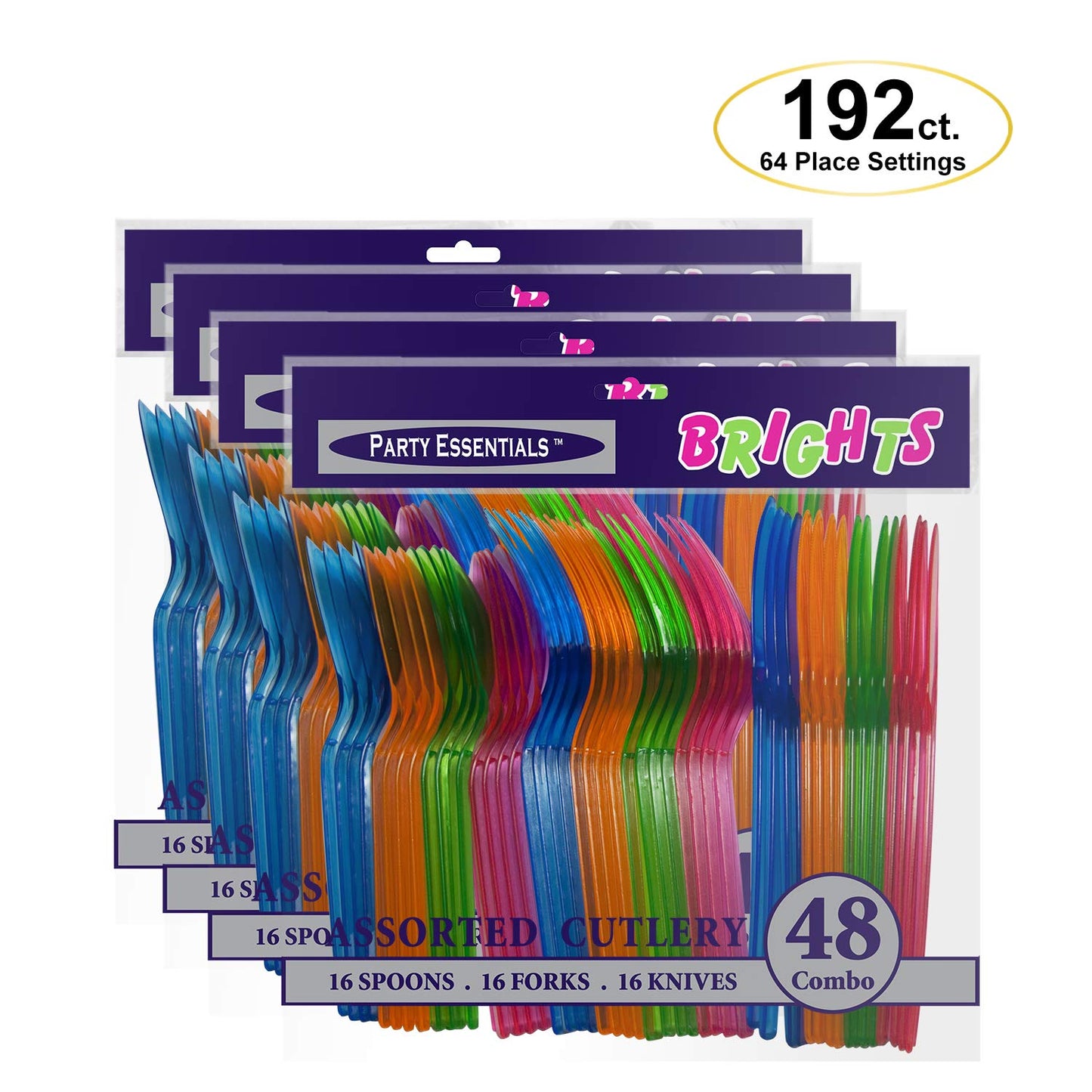 Party Essentials Hard Plastic Cutlery Combo Pack, 64 Place Settings, Assorted Neon Brights,N124890-4,192