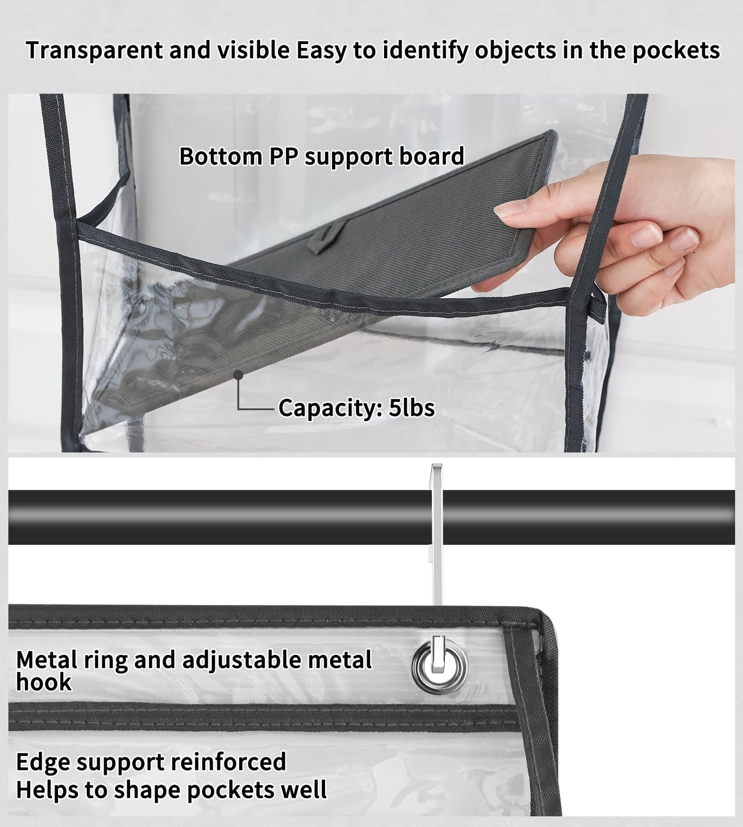 The Door Hanging Pantry Organizer 5-Shelf Room Organizer with Clear Plastic Pockets Behind The Door Storage Organizer Large Capacity Organizer for Closet Bedroom Bathroom (Grey)