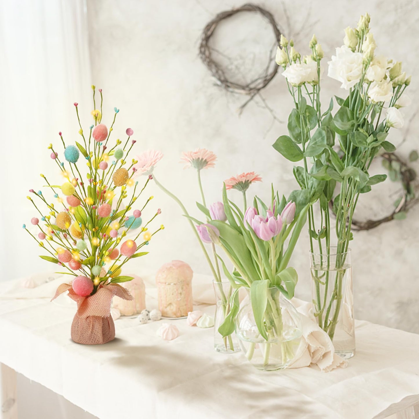 Easter Decorations, Artificial 18 Inch Pre-Lit Easter Egg Tree Tabletop Decor with Delicate Ornaments, for Home Party Wedding Holiday Spring Summer Decoration, Pink/Blue/Yellow.