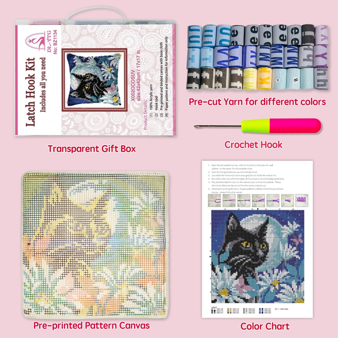 Latch Hook Kits Pillow Black Cat Right Crochet Yarn Cushion Colour Pre-Printed Canvas Rug Needlework DIY Pillowcase Hook and Latch Kit Home Arts Crafts Sofa Decoration 42x42cm/17 X17