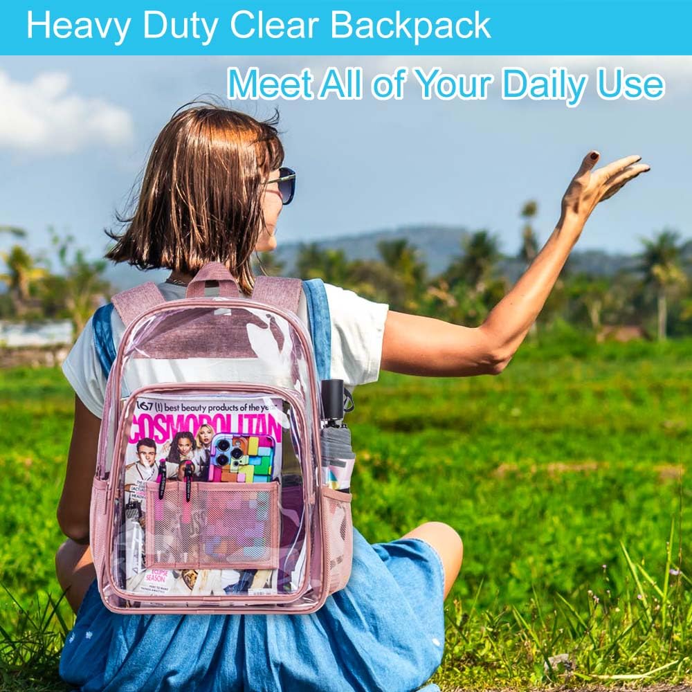 AGSDON Clear Backpack, Heavy Duty Transparent Bookbag, See Through PVC Backpacks for Women - Pink