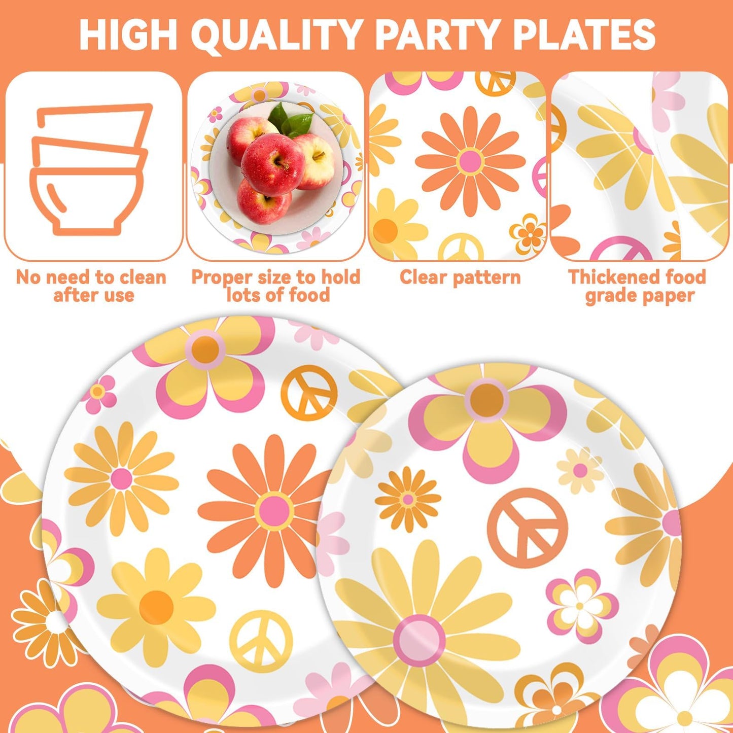 96 Pcs Groovy Party Supplies for 24 Guests Retro Hippie Boho Tableware Plates Napkins Daisy Flower Birthday Dinnerware Table Decorations Retro Hippie Daisy Party Favor for Kitchen Dinning Home Decor