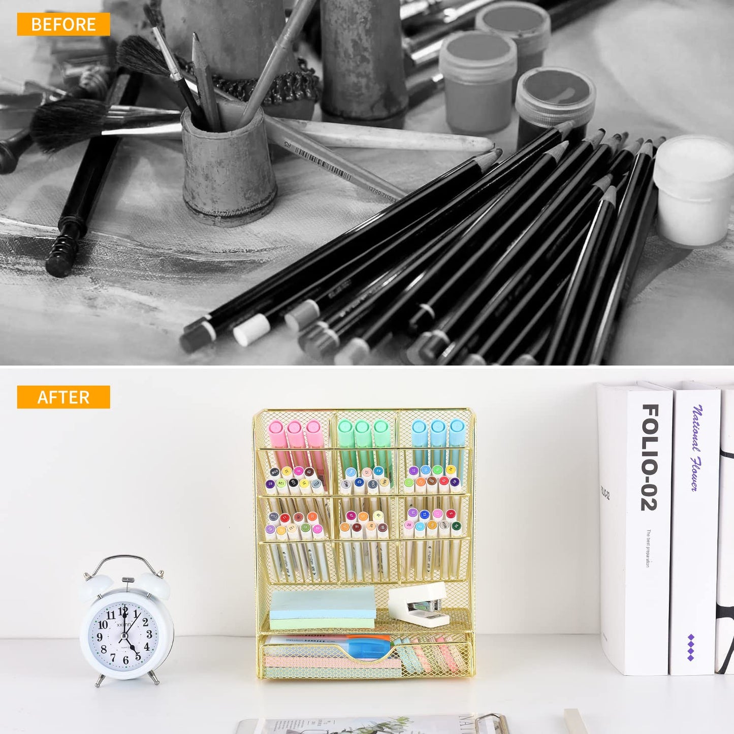 Spacrea Mesh Pen Organizer - Pencil Holder for Desk, Desk Organizer with Drawer for School, Home, Art Supplies (Gold)