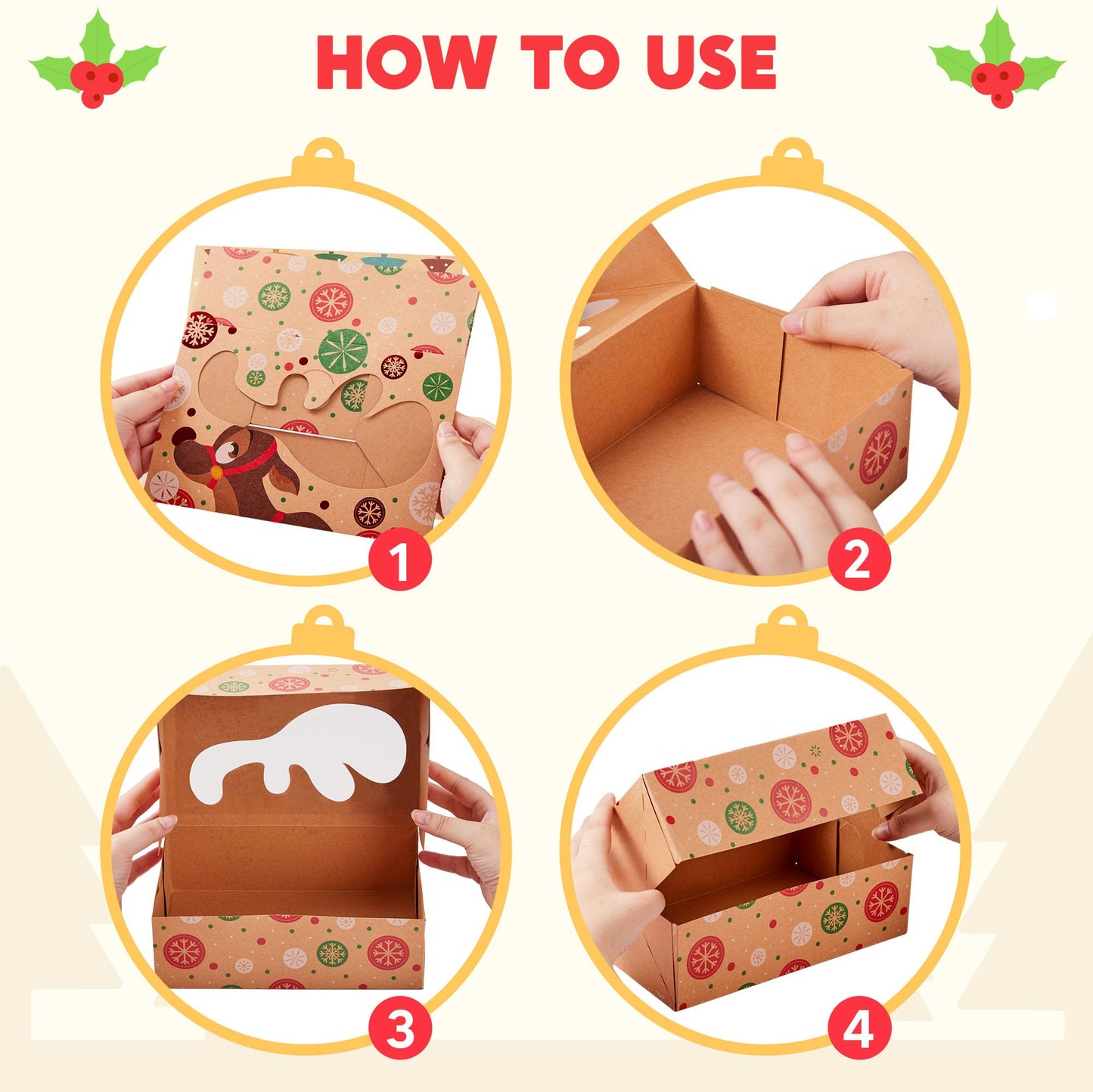 JOYIN 36PCS Christmas Cookie Boxes for Gift Giving, 8.5" x 5.75" x 2.75" Xmas Holiday Treat Cookie Tin with Window, 3 Designs Brown Foiled Kraft Bakery Boxes for Pastries, Cupcakes, Brownies, Doughnut