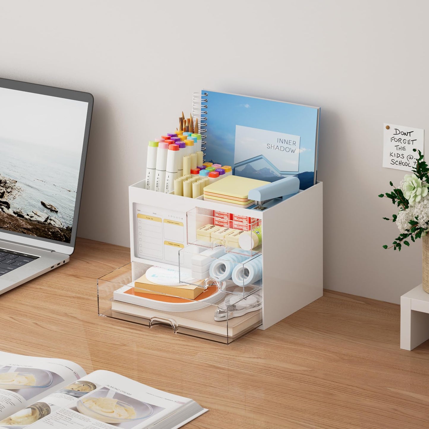 Desk Organizer with 3 Drawer, Multi-Functional Pencil Pen Holder for Desk, Desk Organizers and Accessories with 4 Compartments, Desktop Organizer Storage for Office Home Art Supplies (White)