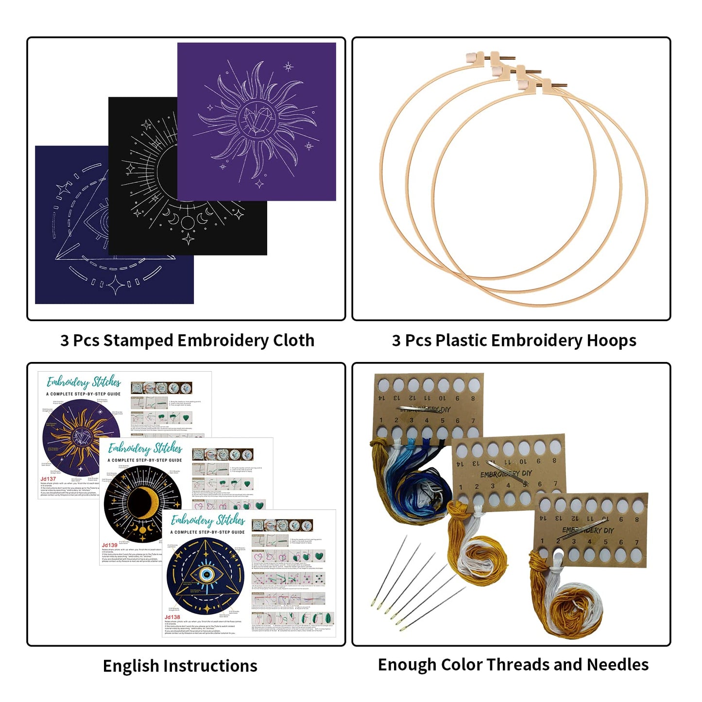 Louise Maelys 3 Set Tarot Embroidery Kits for Beginners with Sun Moon Evil Eye Pattern,Adults Starter Cross Stitch Kit DIY Needlepoint