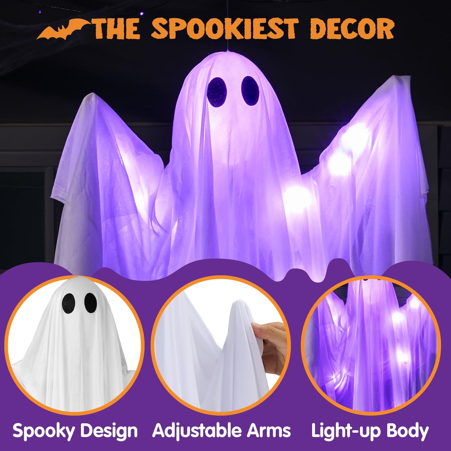 JOYIN Halloween Hanging Light up Ghost with Spooky Purple LED Light, 47” White Ghosts, Halloween Hanging Decoration for Front Yard Patio Lawn Garden Party Decor Indoor Outdoor