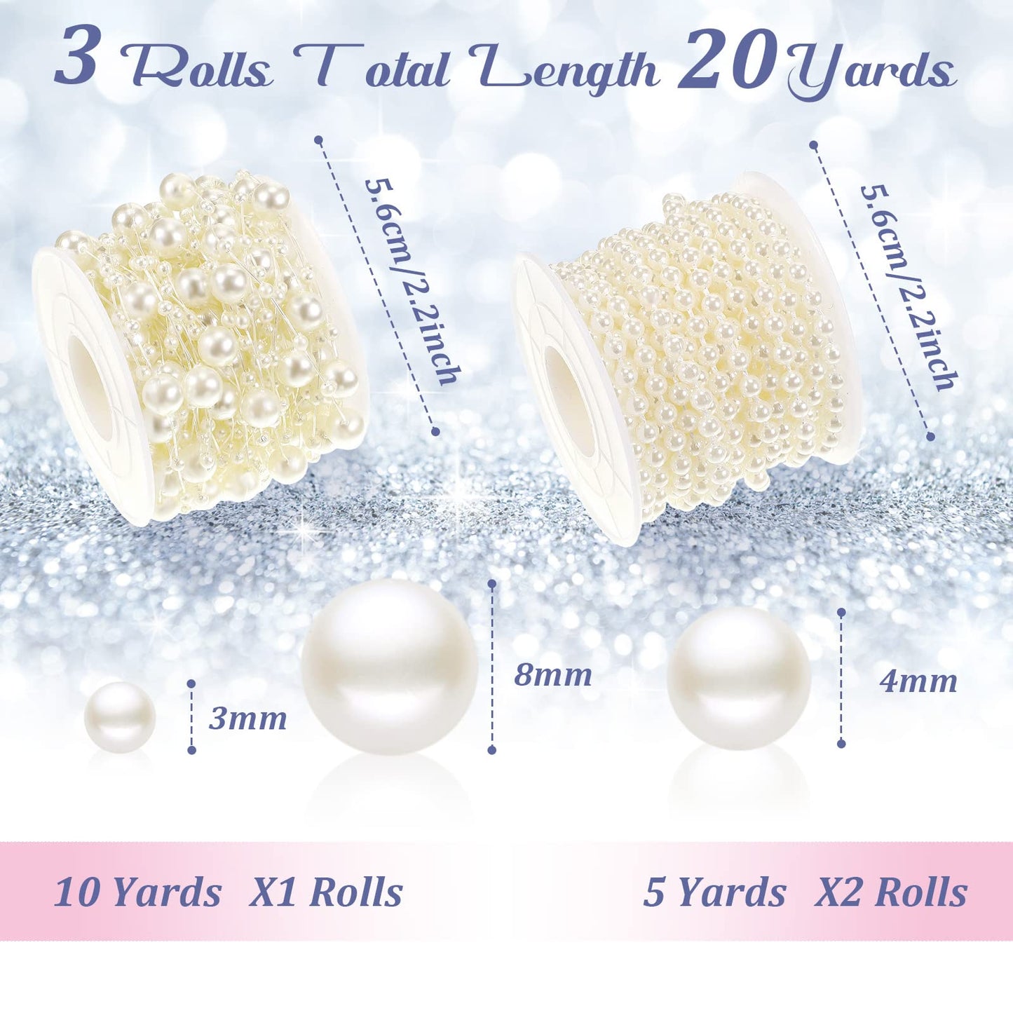 Bonuci 3 Rolls 66 Feet Pearls String Garland Faux Pearl Garland Spool Roll Strand Decoration Artificial Beads Chain Trim for Wedding Party Crafting Wedding Mother's Day Flower Decor(Ivory,4mm)