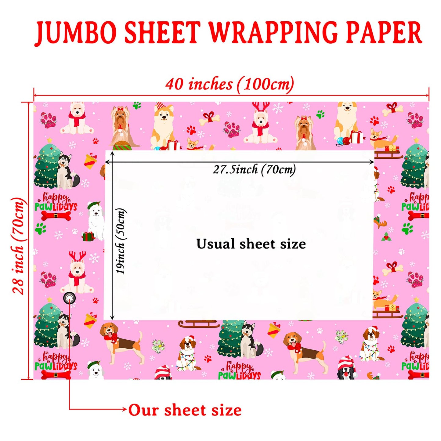 Cuitpan Pink Dog Christmas Wrapping Paper - Xmas Gift Wrap with Christmas Trees, Dog Breeds, Paw Prints & Snowflakes Design- Perfect for Kids & Adults Gift Wrapping - 40×28 Inches, 4 Folded Sheets