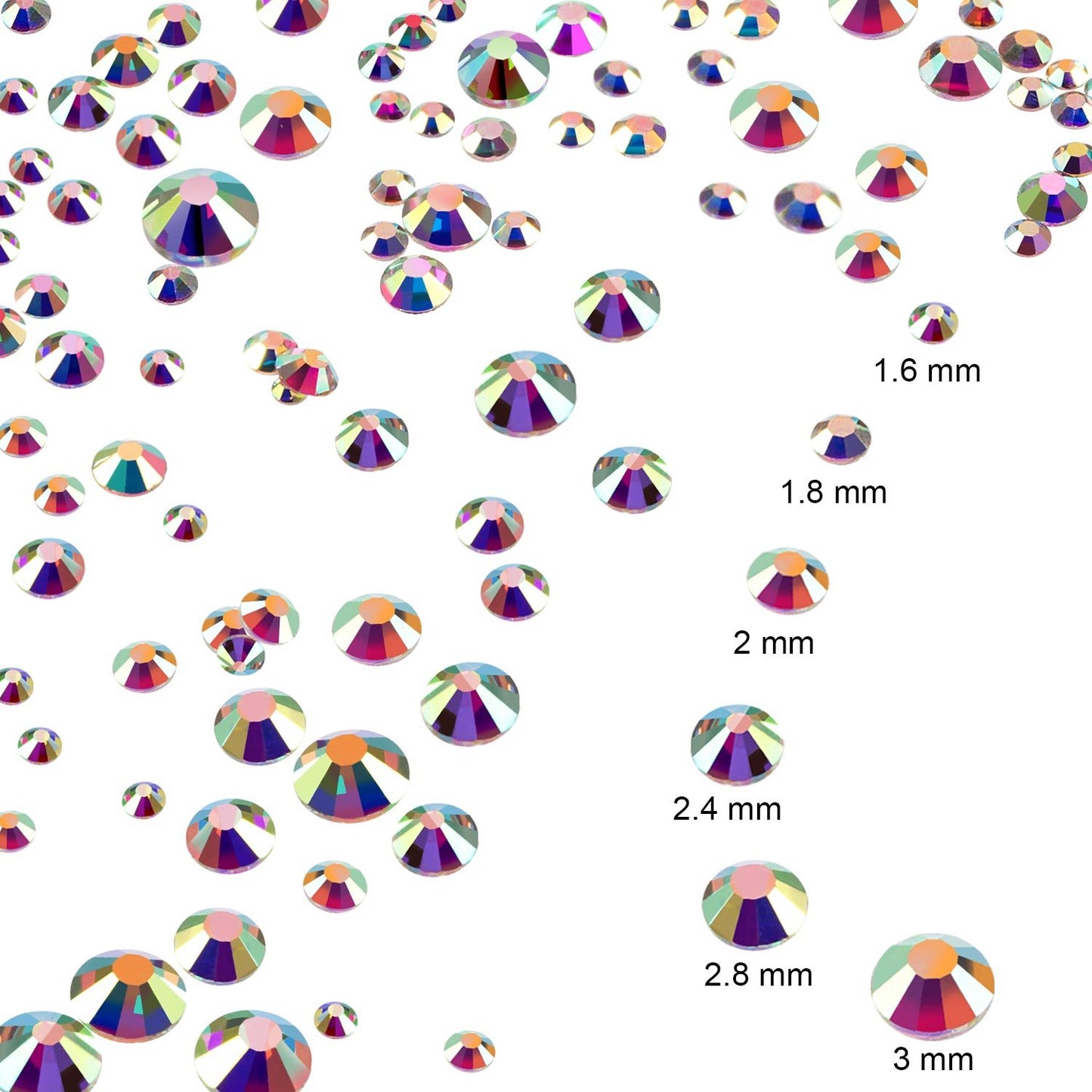 3456 Pcs Crystals Diamond Rhinestones AB Clear Flat Back Round Gems Flatback Glass Crystals Mixed Size Crystals Gems for Crafts Nail Clothes Shoes Makeup Bags Decor, 6 Sizes (Iridescent)