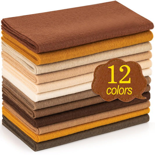 12 Rolls 8"x35"(20.5x90cm) 1.4mm Thick Soft Felt Fabric Sheet 12 Assorted Brown Series Colors Felt Pack for DIY Craft Sewing Squares Nonwoven Patchwork