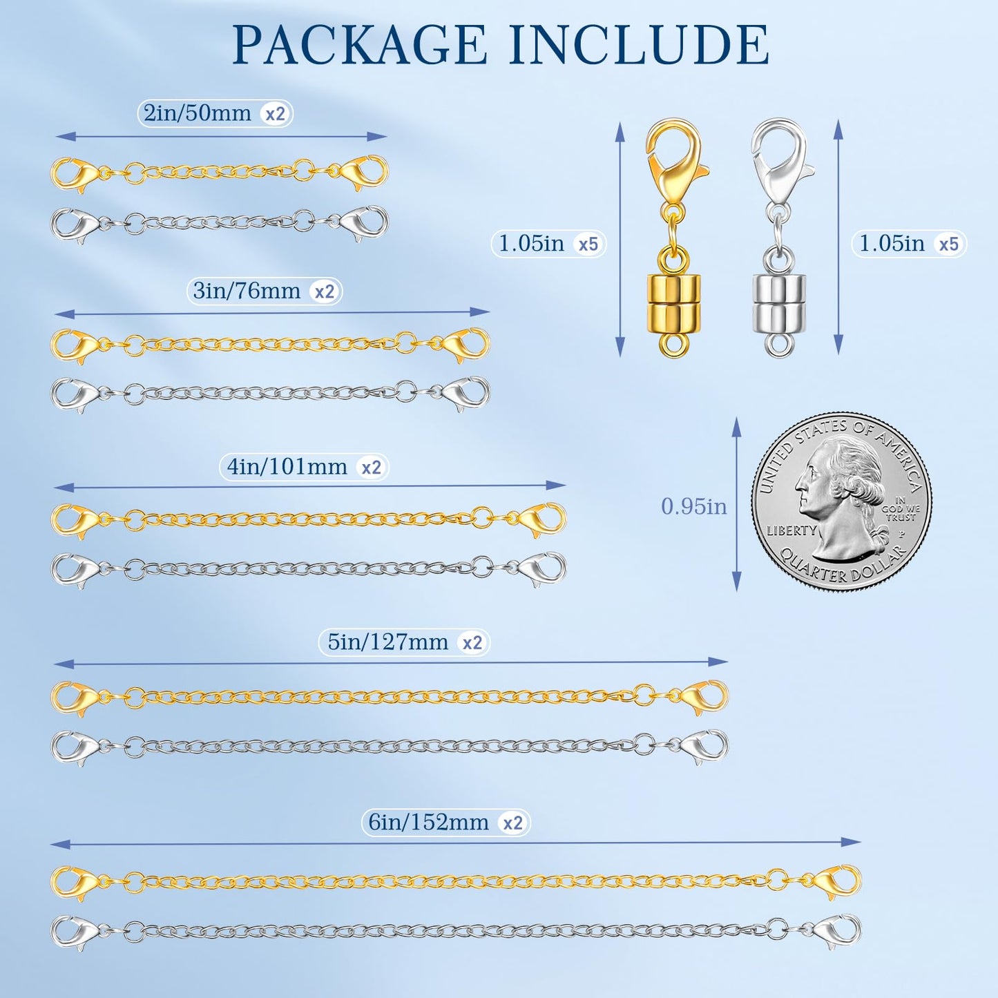 20 Pack Necklace Extenders, Magnetic Necklace Clasp with Lobster Clasp, 18K Plated Brass Jewelry Converters and Stainless Steel Extender, Suitable for Bracelet Necklaces Anklet Chains, Gold&Silver