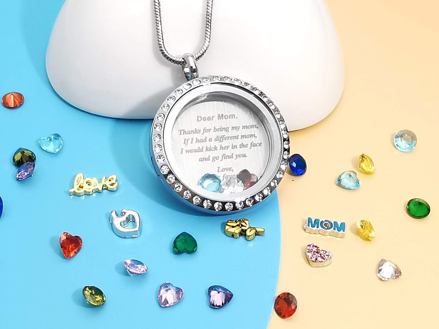 Veeshy Thanks For Being My Mom Birthstone Necklace Floating Locket - Best Mother's Day Gifts for Mom, Women - Unique Gag Present Idea for Her from Daughter or Son -Top Birthday Gift