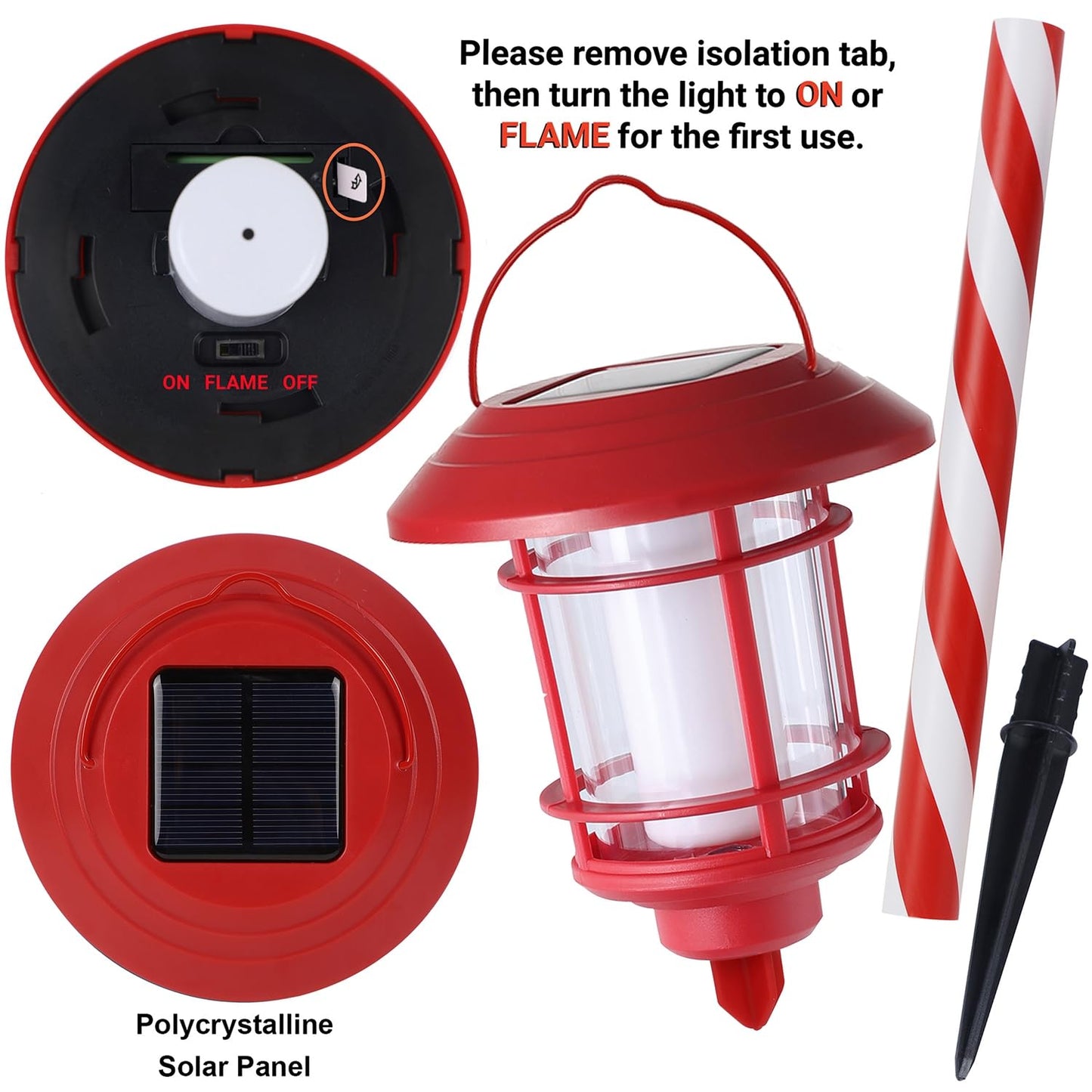 Dynaming 6 Pack Christmas Solar Flame Garden Lights Outdoor, Dual Use Flickering Flame Torch Candy Cane Pathway Marker, Xmas Hanging Lantern Lights, Waterproof & Auto On/Off for Patio Walkway Driveway