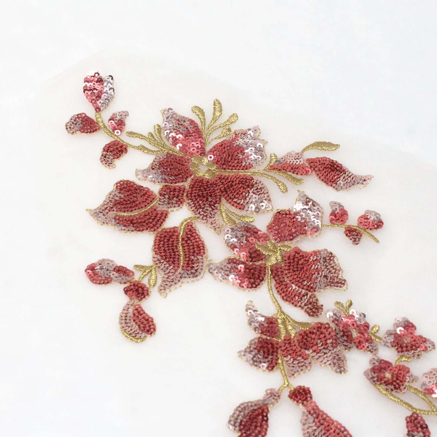 SUNMOVE Embroidery Sequin Lace Applique Sewing Flower Fabric Collar Patch for Wedding Gown Dress Bridal DIY Crafts(Orange Red