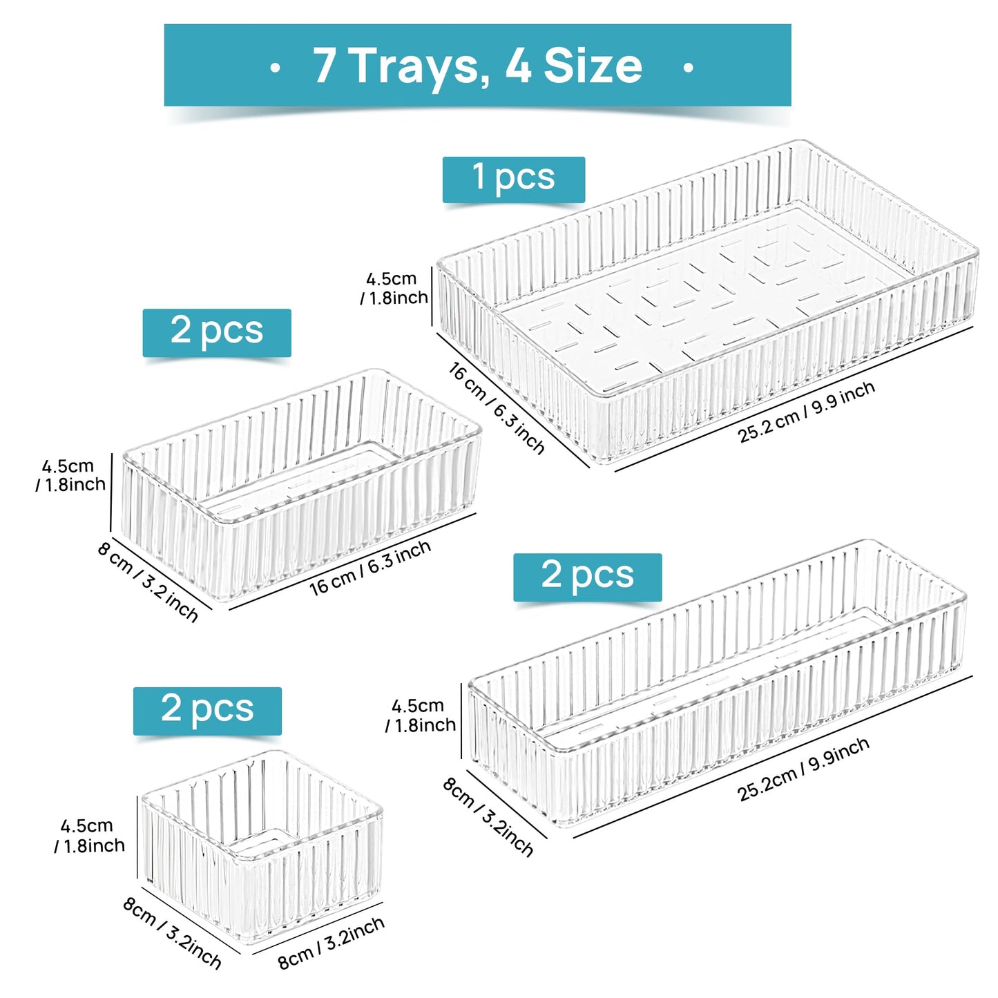 7 PCS Clear Drawer Organizers Bins, 4-Size Stackable Makeup and Vanity Drawer Organizer Trays, Acrylic Bathroom Drawer Storage Containers for Cosmetic, Office Supply, Kitchen Utensils Gadgets
