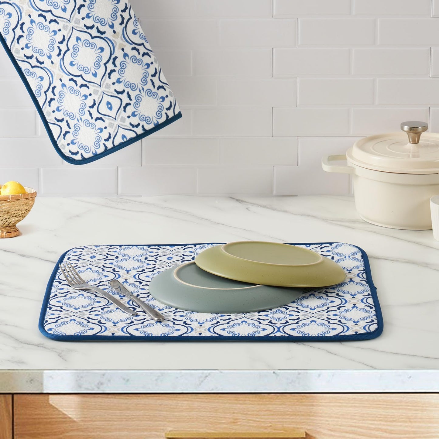 Printed Dish Drying Mats for Kitchen Counter 2 Pack Absorbent Reversible Drying Mats Microfiber Kitchen Countertop Protector Dishes Drying Pad Extra Large 18"x24" Dish Mat