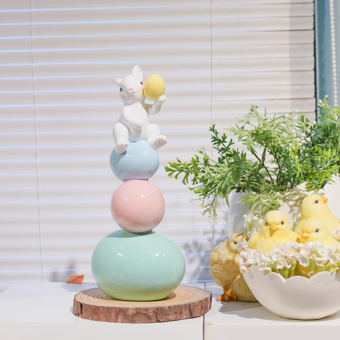 Easter-Decorations - Cute Bunny Decor - Rabbit Figurine - Table Centerpiece - Spring Rabbit Sitting Egg Tower Figure Bunny Sulpture for Indoor Home Farmhouse Decor 4.25*3.25*10 in Newman House Studio