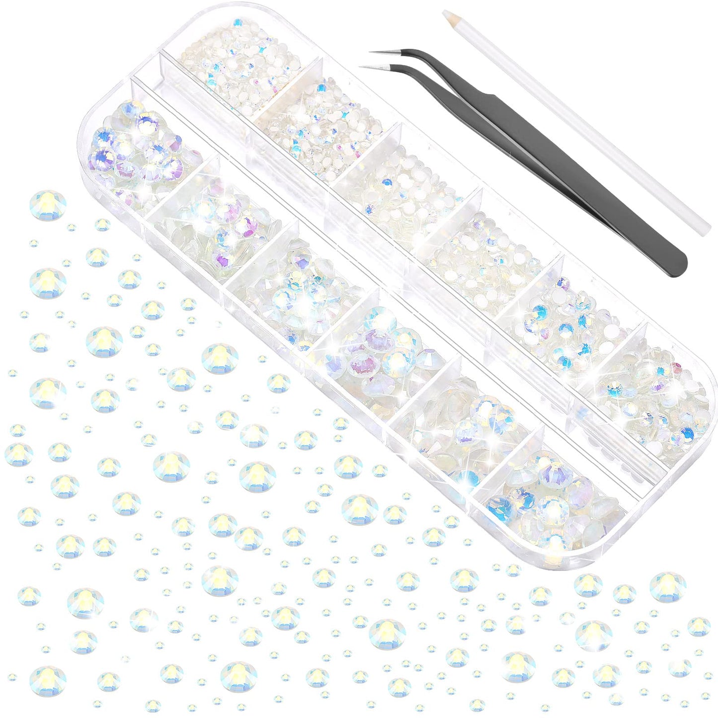 2000 Pieces Flat Back Gems Rhinestones 6 Sizes (1.5-6 Mm) Round Crystal Rhinestones with Pick up Tweezer and Rhinestones Picking Pen for Crafts Nail Clothes Shoes Bags DIY Art (White)