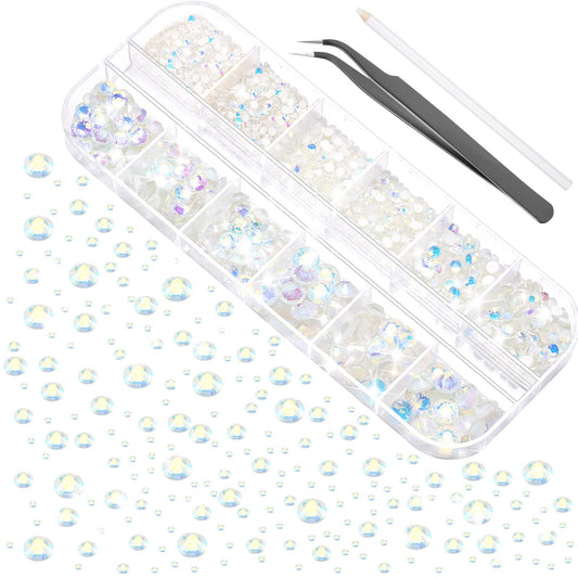 2000 Pieces Flat Back Gems Rhinestones 6 Sizes (1.5-6 Mm) Round Crystal Rhinestones with Pick up Tweezer and Rhinestones Picking Pen for Crafts Nail Clothes Shoes Bags DIY Art (White)