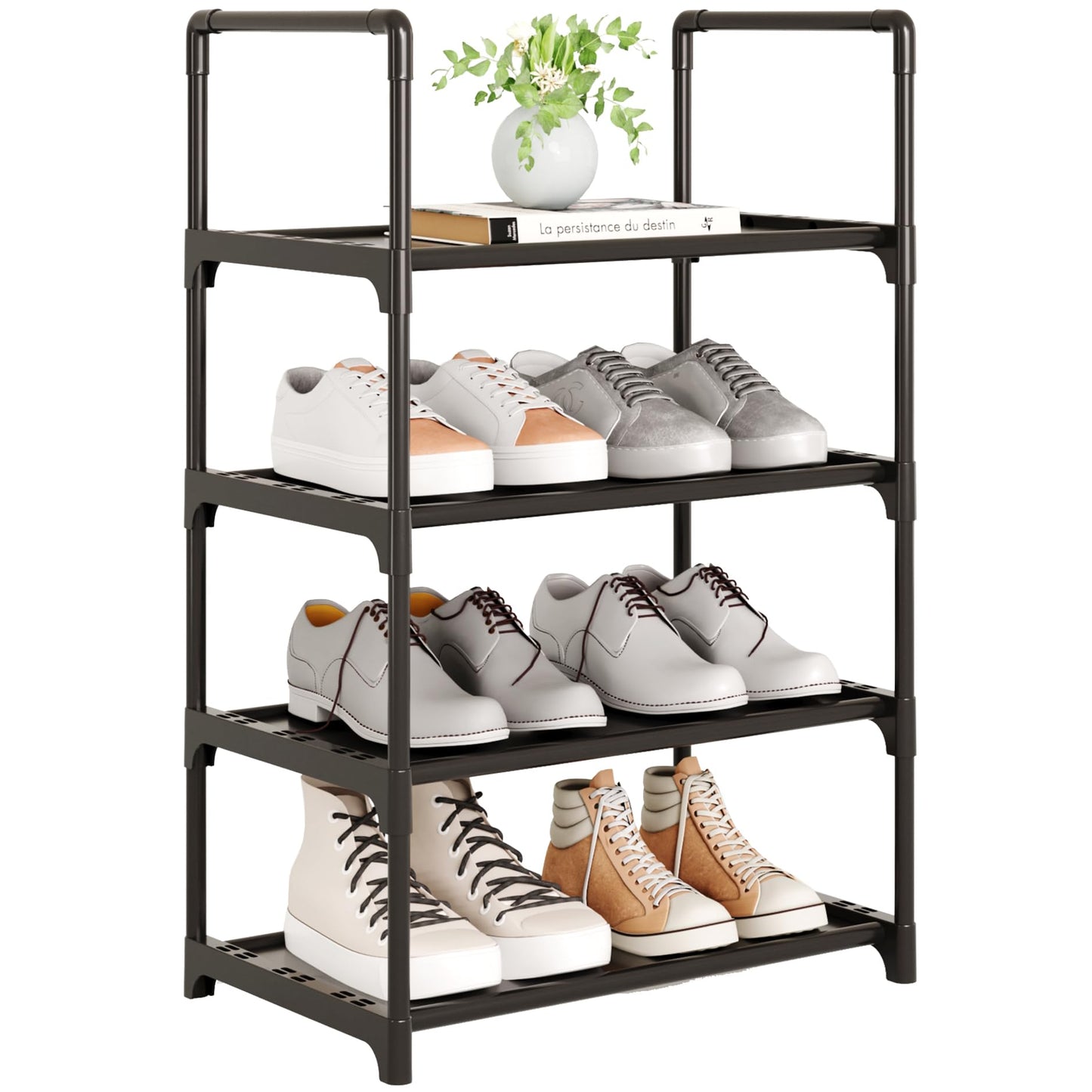 Upgrade Stackable Small Shoe Rack, 4-Tier Shoe Shelf Storage Organizer with Handle for Entryway, Hallway and Closet (Black)