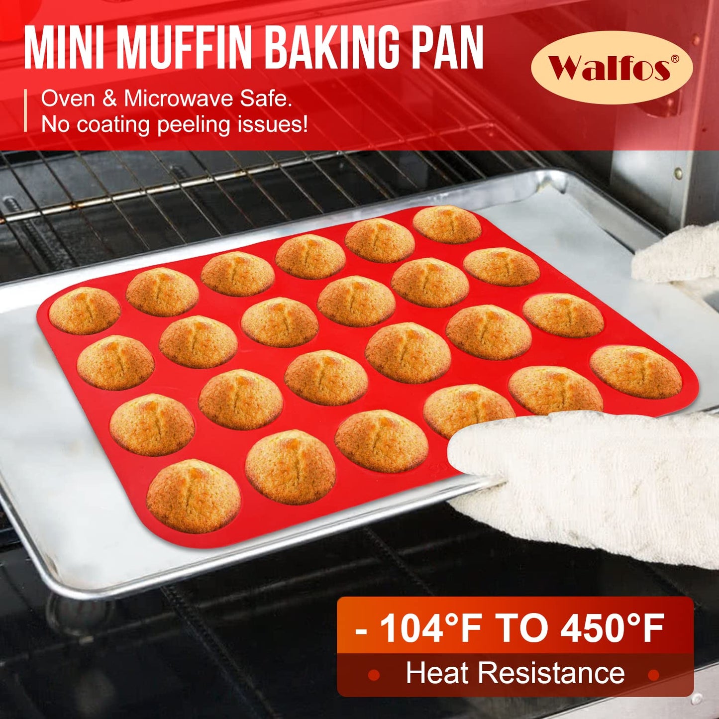 Walfos Mini Silicone Muffin Pan - 24 Cups, BPA Free and Dishwasher Safe, Non-stick Silicone Cupcake Baking Pan, Great for Making Muffin Cakes, Tart, Bread
