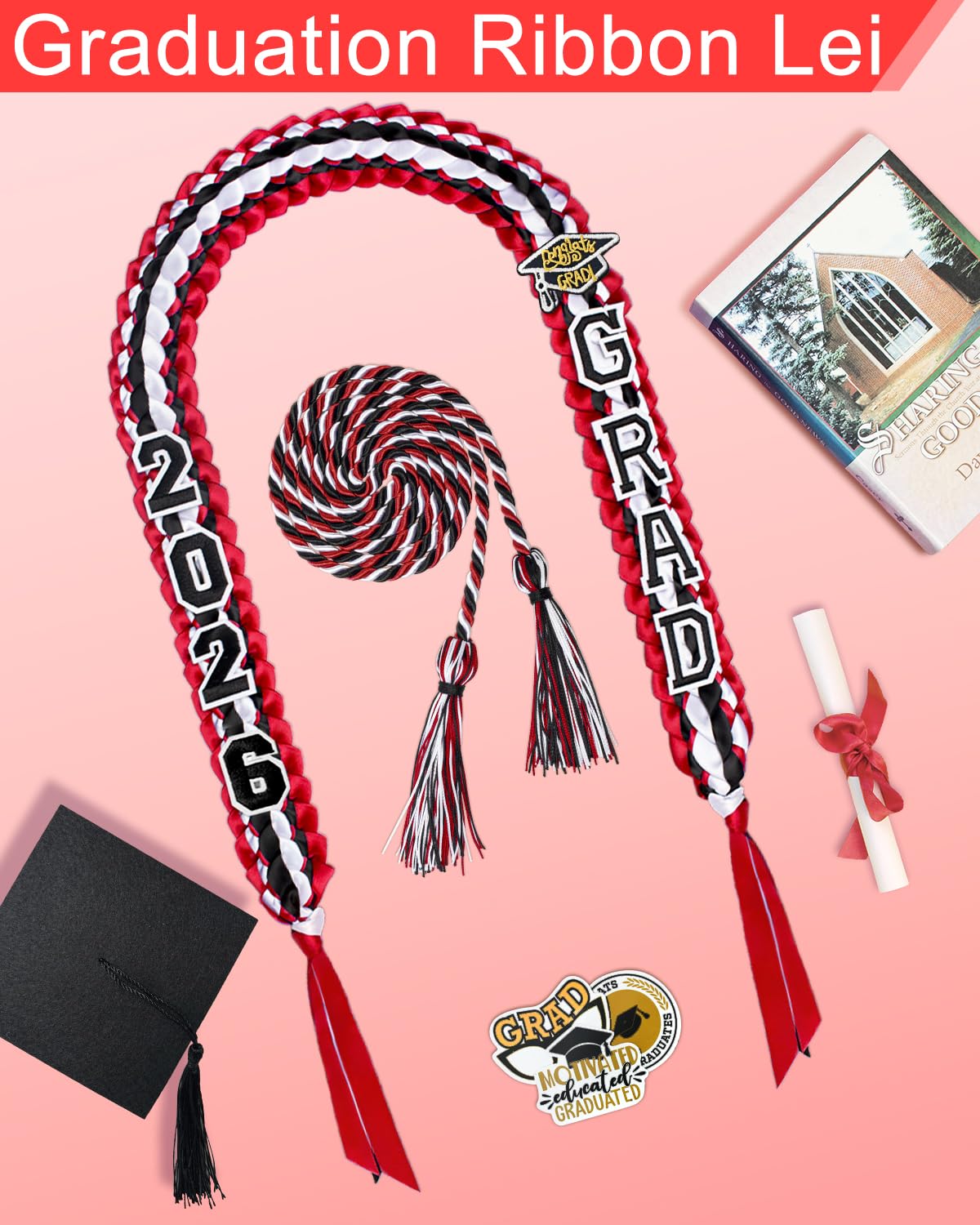 Yigney Graduation Lei Set Class of 2026 Grad Ribbon Leis with Honor Cord Double Braided Graduate Leis for Men Women Red Black White