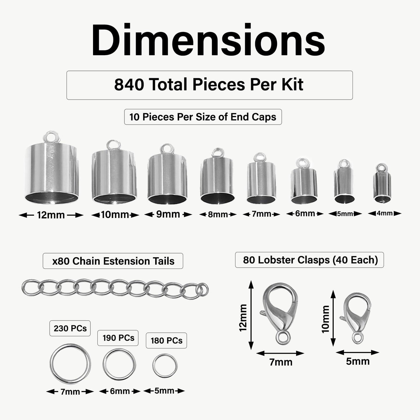 Crafts Silver Tone Leather Cord End Caps for Jewelry Making, Tassel Caps, 4mm to 12mm 840 PCs Cylinder Cord Ends, Kumihimo Supplies and Jewelry Findings