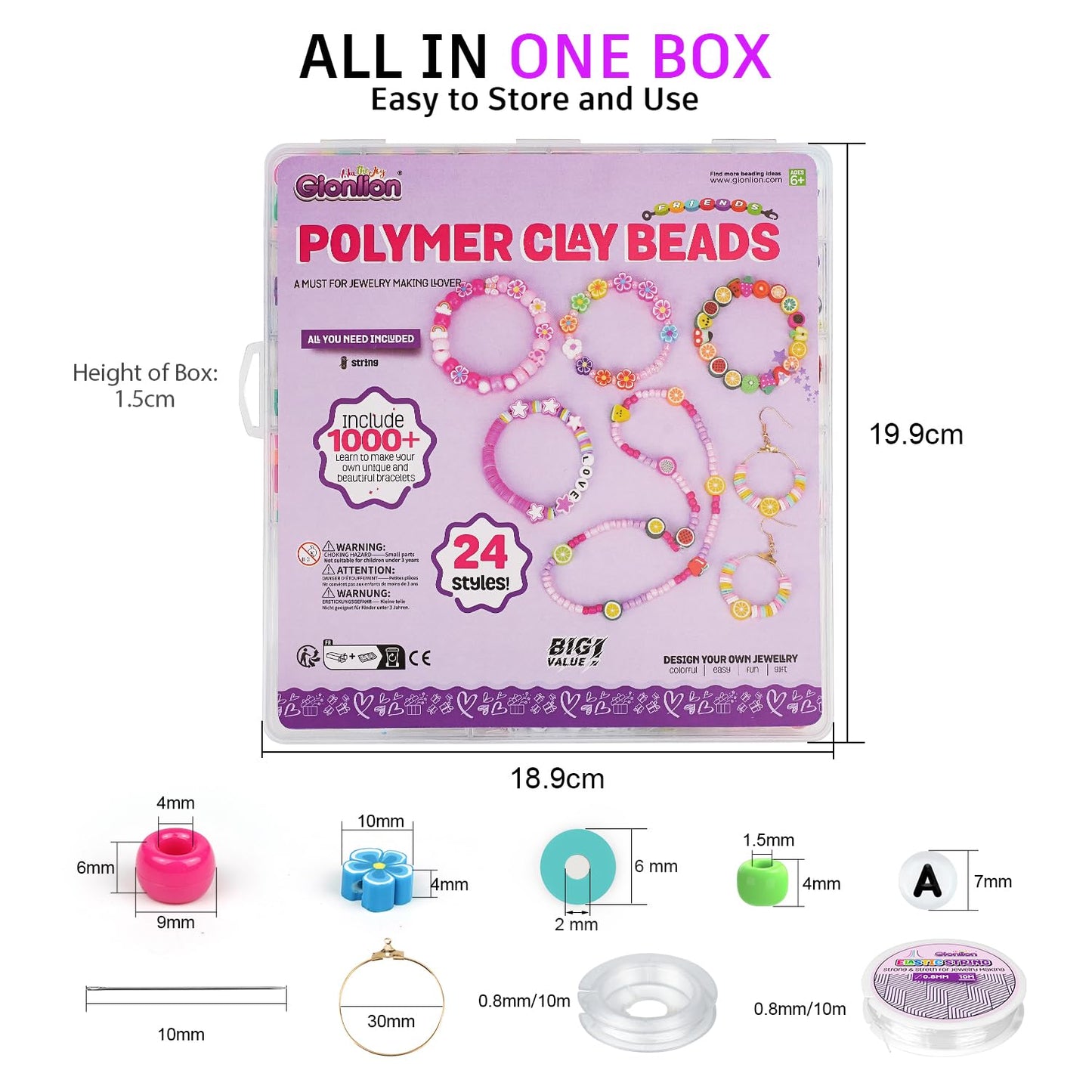 1000PCS Polymer Clay Beads Bracelet Making kit, 24 Style Cute Fun Fruit Flower Rainbow Butterfly Animal Heart Star Beads Charms for Jewelry Necklace Making Gift for Girls Kids