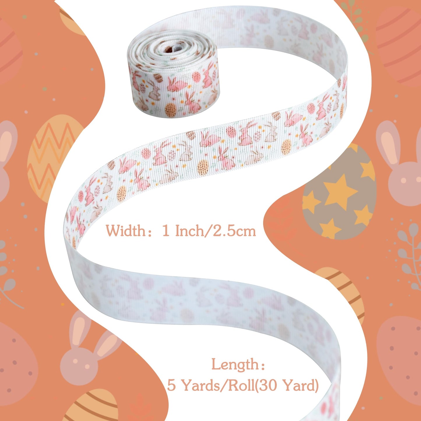6 Rolls 1 Inch Easter Grosgrain Ribbon with Eggs/Rabbits/Carrots/Dots Pattern for Handmade Crafts, Wreaths and Gift Wrapping, Basket Decor, Bows Making, Easter Day Decoration (5 Yards/roll)