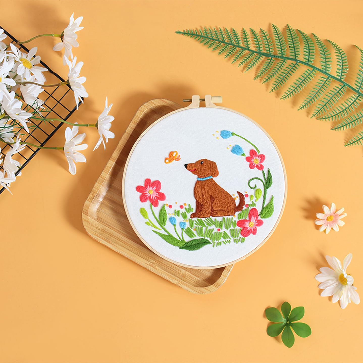 Louise Maelys Dog Embroidery Kits for Beginners with Floral Pattern,Cross Stitch Kit for Adults DIY Needlepoint with Embroidery Instructions