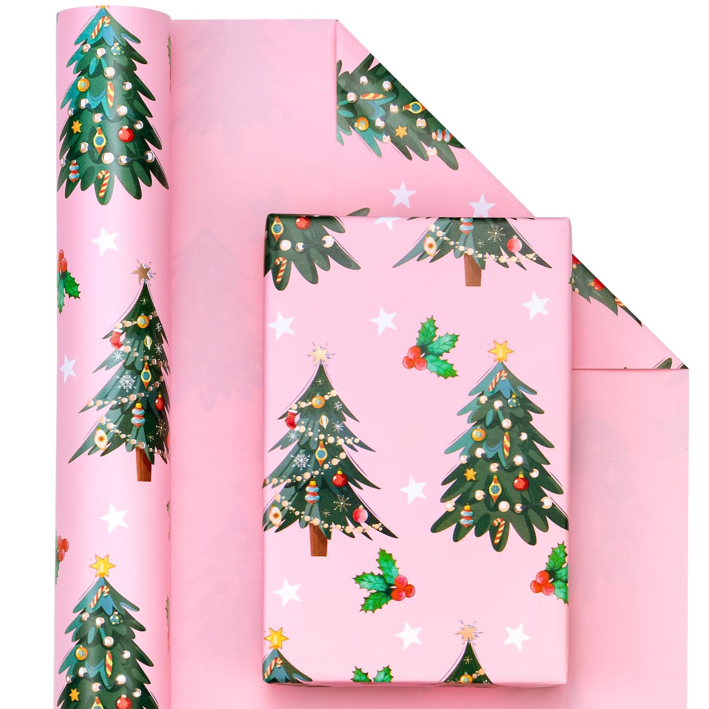 WRAPAHOLIC Reversible Pink Christmas Wrapping Paper - Mini Roll - 17 Inch x 33 Feet - Pink Christmas Tree Wrapping Paper for Holiday, Party Celebration