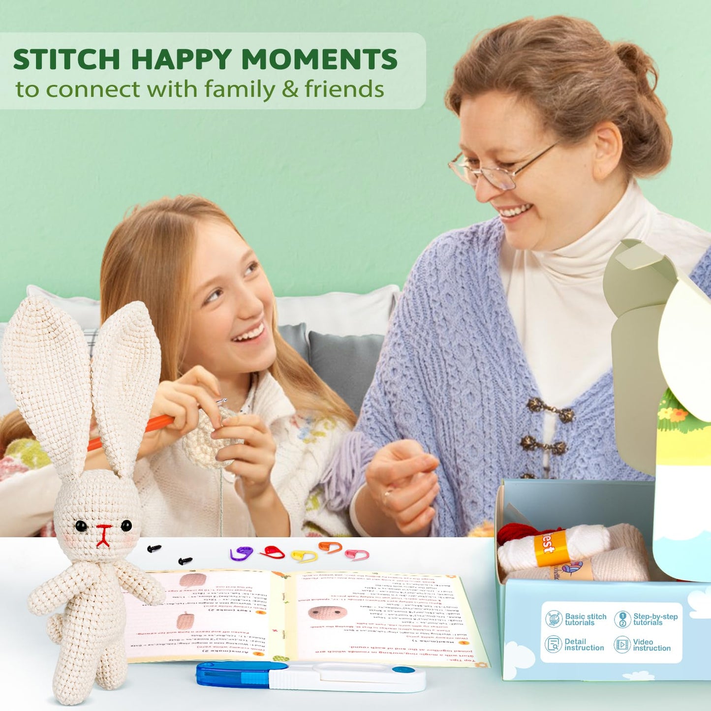 Crochet Kit for Beginners, Crochet Starter Kit w Step-by-Step Video Tutorials, Beginner Crochet Kit Knitting Supplies for Adults Kids, Crochet Bunny(40%+ Yarn)