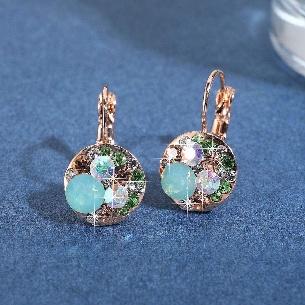 Multicolored Austrian Crystal Earrings for Women 14K Gold Plated Leverback Dangle Hoop Earrings (Green Opal+Aurora Borealis Crystal)