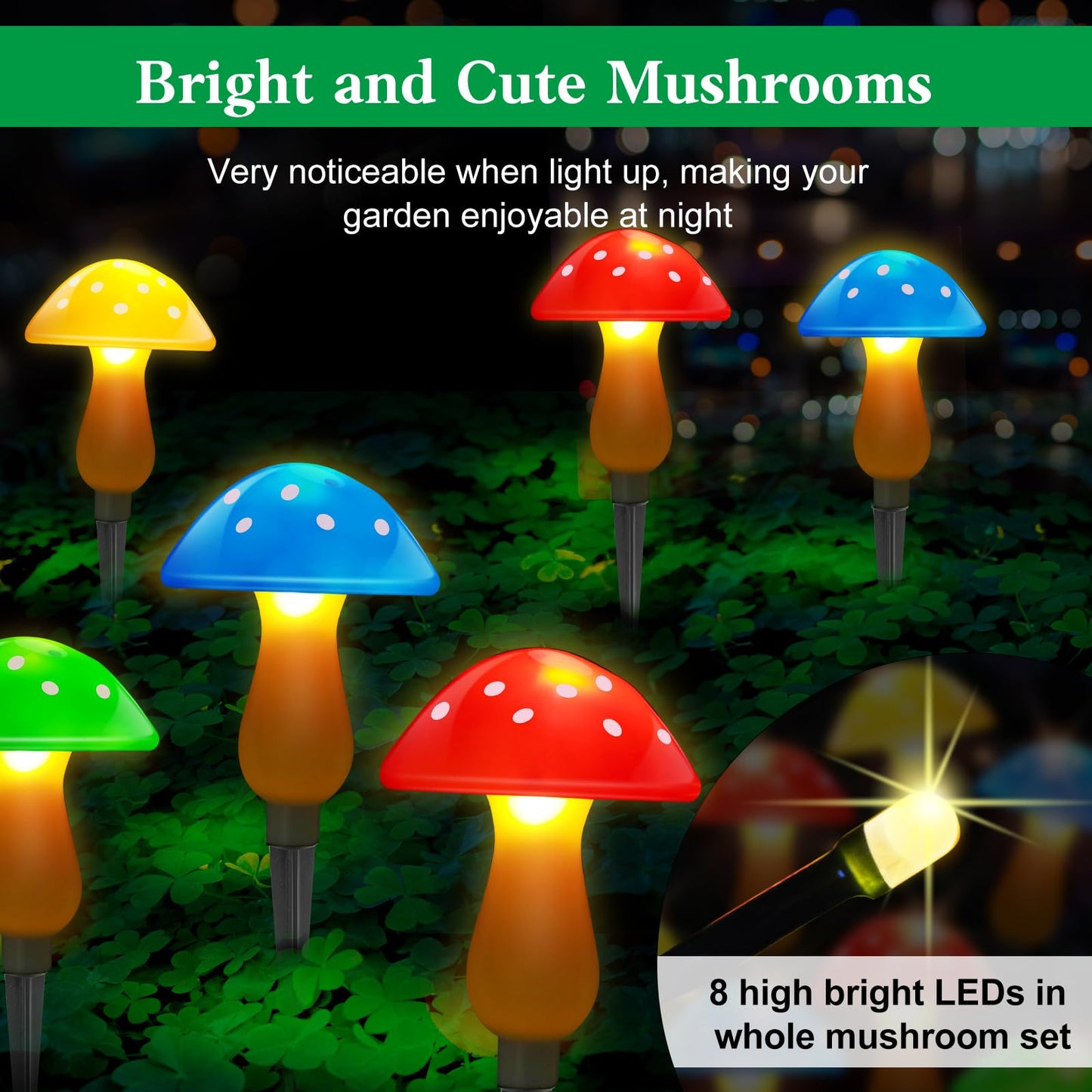 ReyeeInc Solar Garden Decor Lights, Solar Powered Mushroom Outdoor Waterproof Long Lasting Mushrooms Stake Lightings with 8 Lights and 8 Modes for Yard Lawn Flowerbed Pathway Decoration (8 in 1)