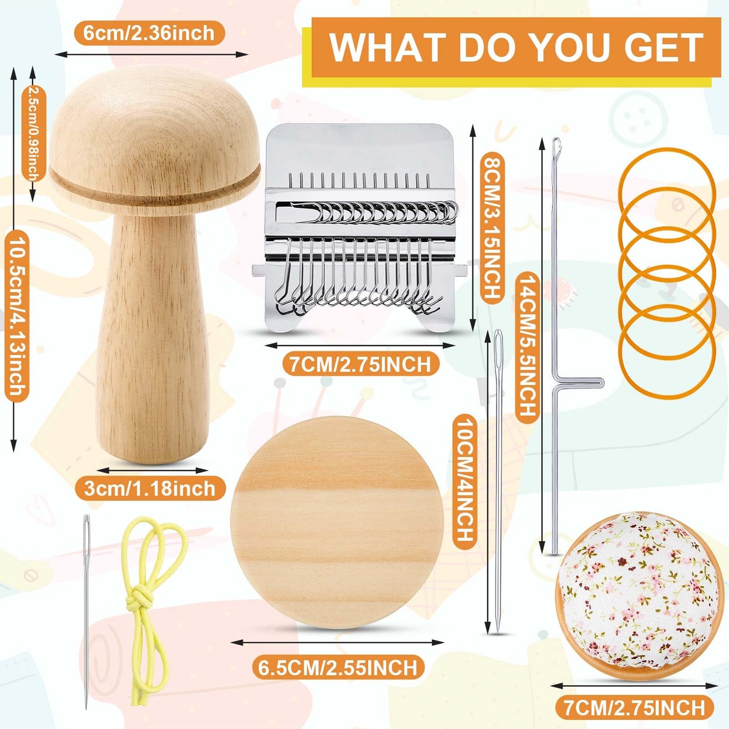 Mini Darning Mushroom for Socks 14 Hooks Small Speedweve Style Weaving Darning Loom with 9 Pcs Large Eye Needles 50 Colors Thread for Handcraft DIY Weaving Repair Tool