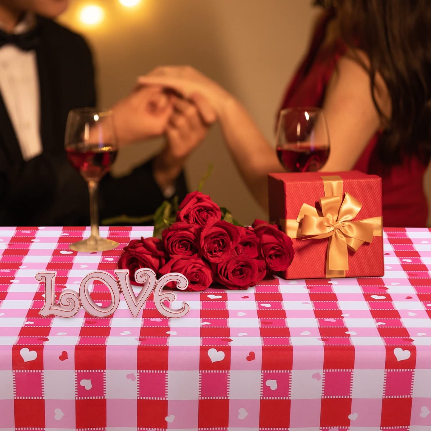 V-Day Checkered Fabric Rectangle Table Cloth- 60 x 84 Inch -Polyester Heart Pattern Tablecloth, Table Cover Protector for Party, Wedding, Valentine Decoration Use, Red & White