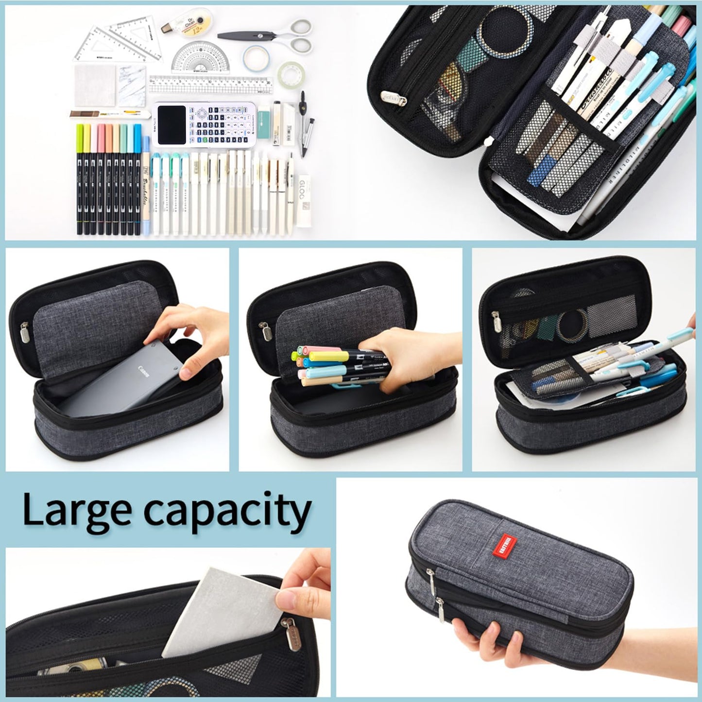 EASTHILL Big Capacity Pencil Pen Case Office College School Large Storage High Capacity Bag Pouch Holder Box Organizer (Deep Gray)
