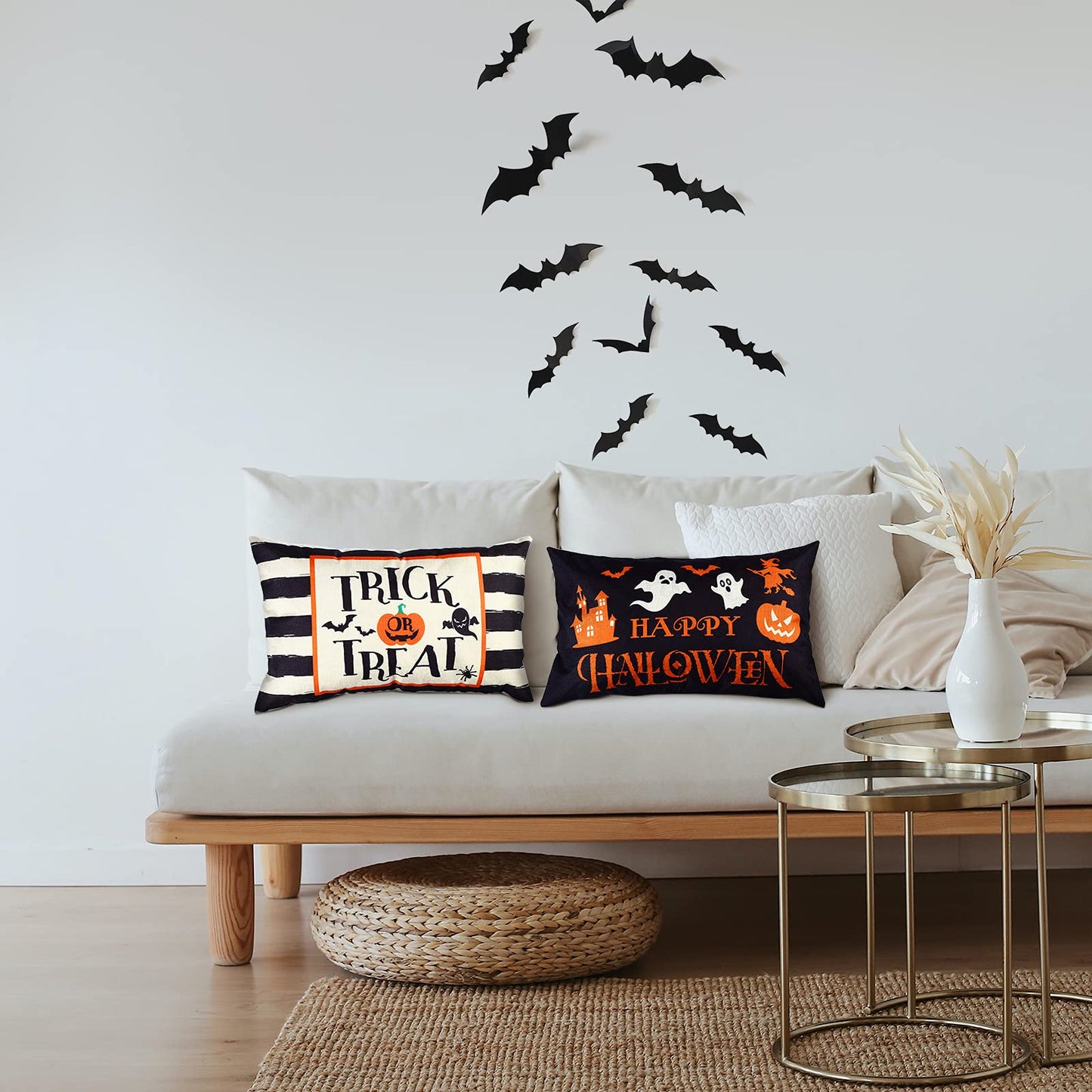 2 Pieces Happy Halloween Pillow Covers 20 x 12 Inch Trick or Treat Cushion Cover Rectangular Halloween Throw Pillow Cover Halloween Pillow Case Rectangular Pillowcase for Bed Sofa Home (Ghost)