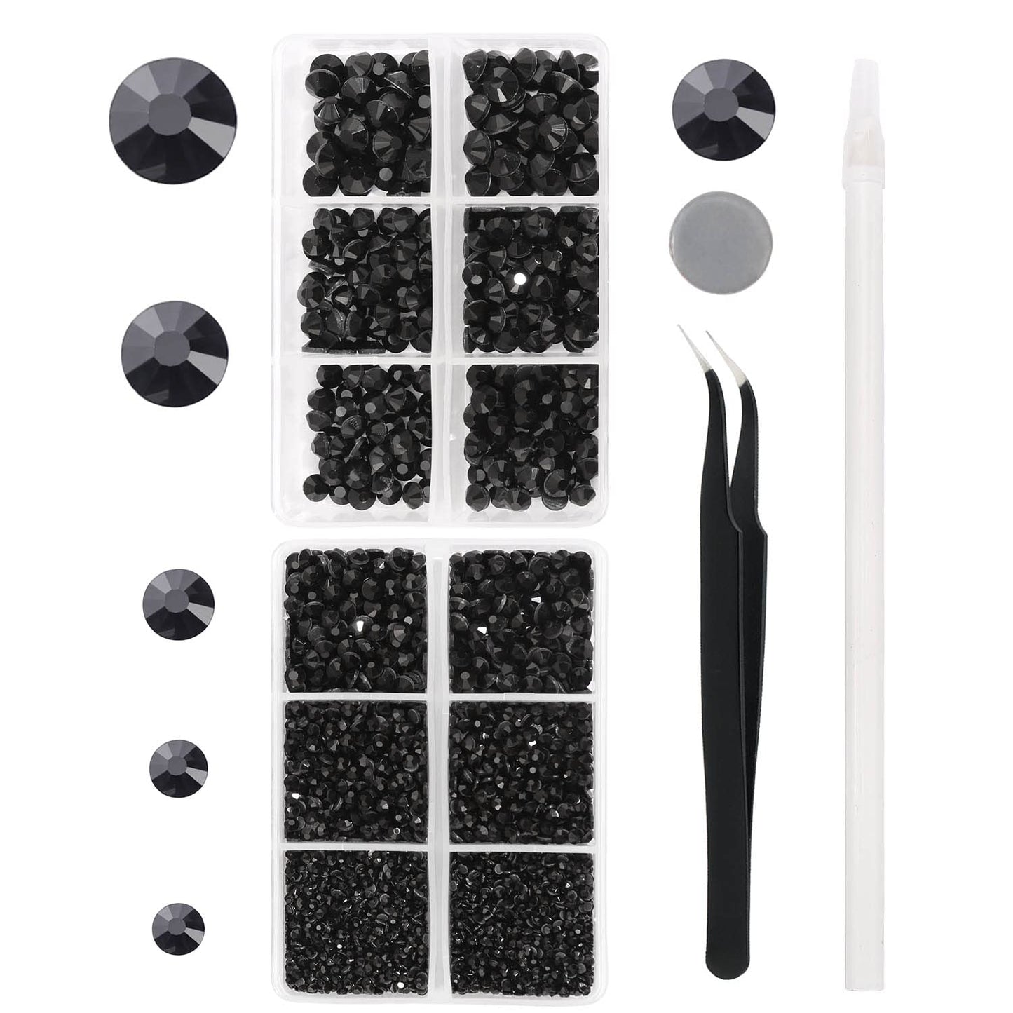 MEIBITE 6796PCS Black Hotfix Rhinestones Crystal Stones Glass for Fabric Clothes Shirts Sparkly Flat Back Round with Tweezers and Picking Pen (SS6~SS30 Set)