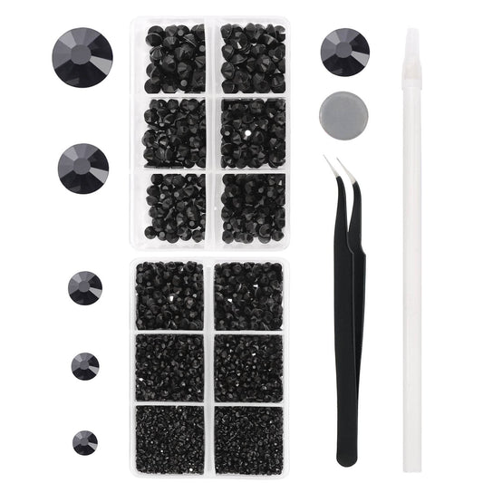 MEIBITE 6796PCS Black Hotfix Rhinestones Crystal Stones Glass for Fabric Clothes Shirts Sparkly Flat Back Round with Tweezers and Picking Pen (SS6~SS30 Set)