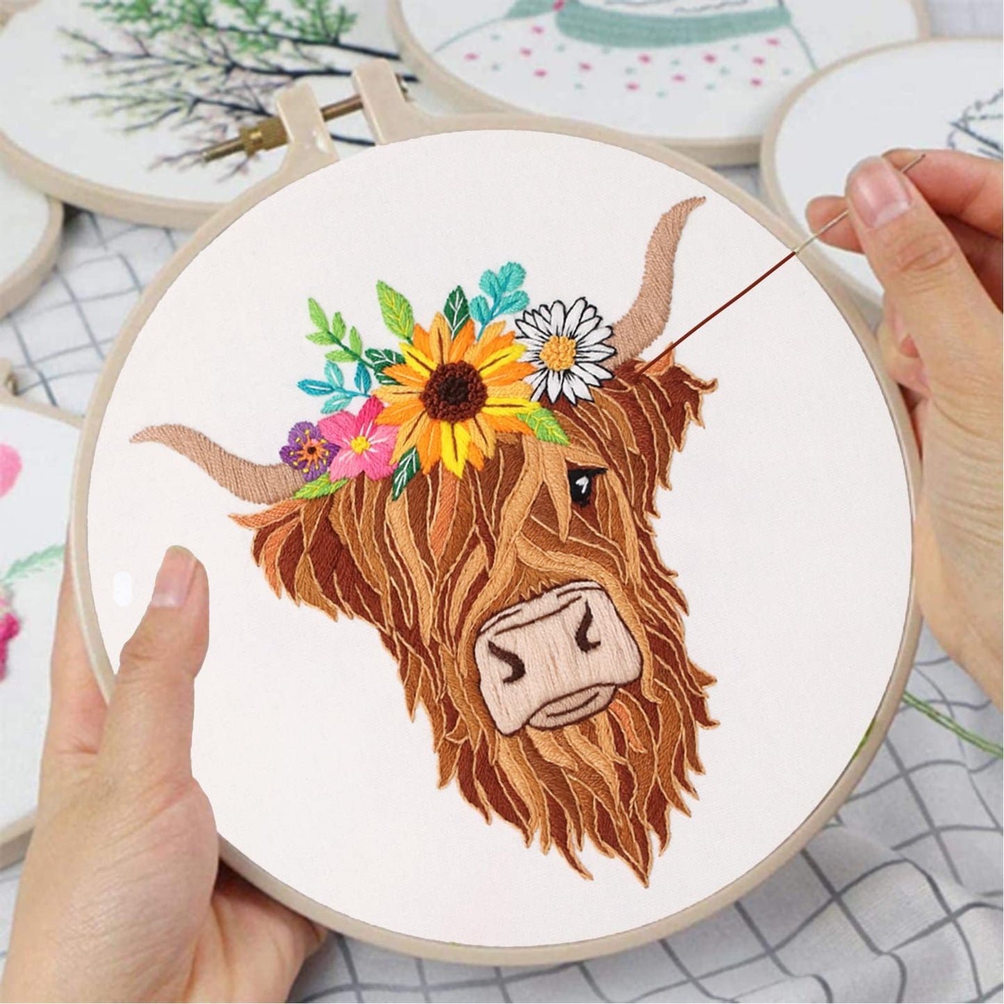 Animal Embroidery Kits for Beginners with Highland Cow Pattern,Adults Starter Cross Stitch Kit DIY Needlepoint