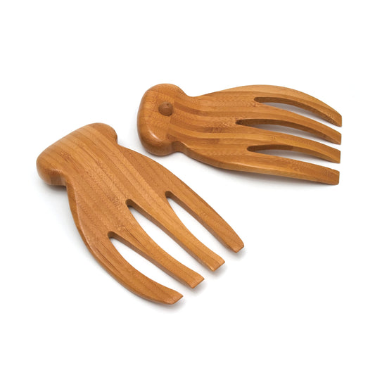Wood Salad Hands for Tossing and Serving Salads, 4" x 7 1/4" x 1 1/8", One Pair, Bamboo with Knobs