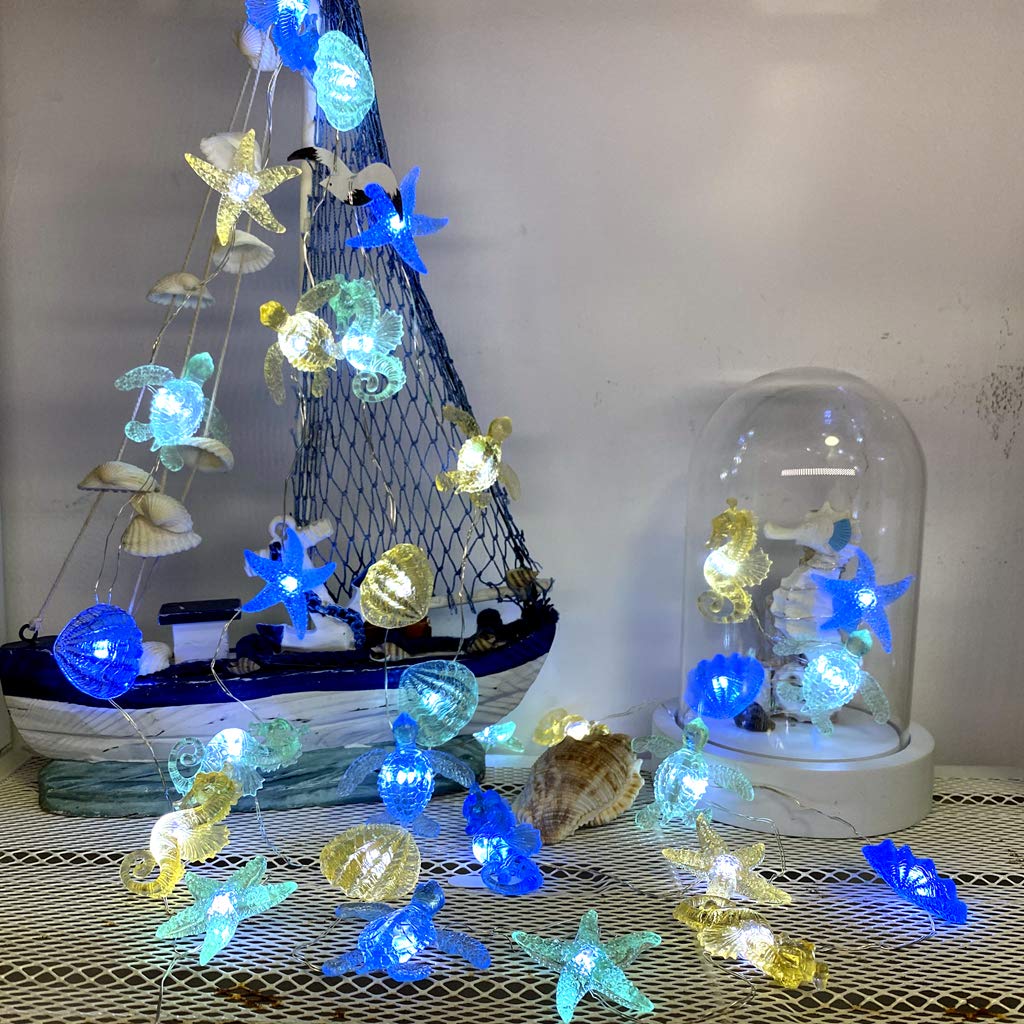 Ocean Beach themed Sea Life Cute Fairy Decorative String Lights Battery Operated, Seahorse Starfish Sea Turtle Clam Nautical Rope Lights Lit by 30 LEDs 10 ft for Holiday Camping Mermaid Wedding