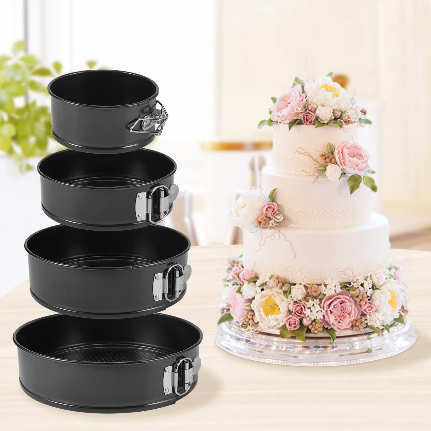 isheTao Springform Pan Set of 4, 4/7/9/10inch Cake Pan, Non-Stick Leak-Proof with Removable Bottom, Cheesecake Pan for Baking, Black