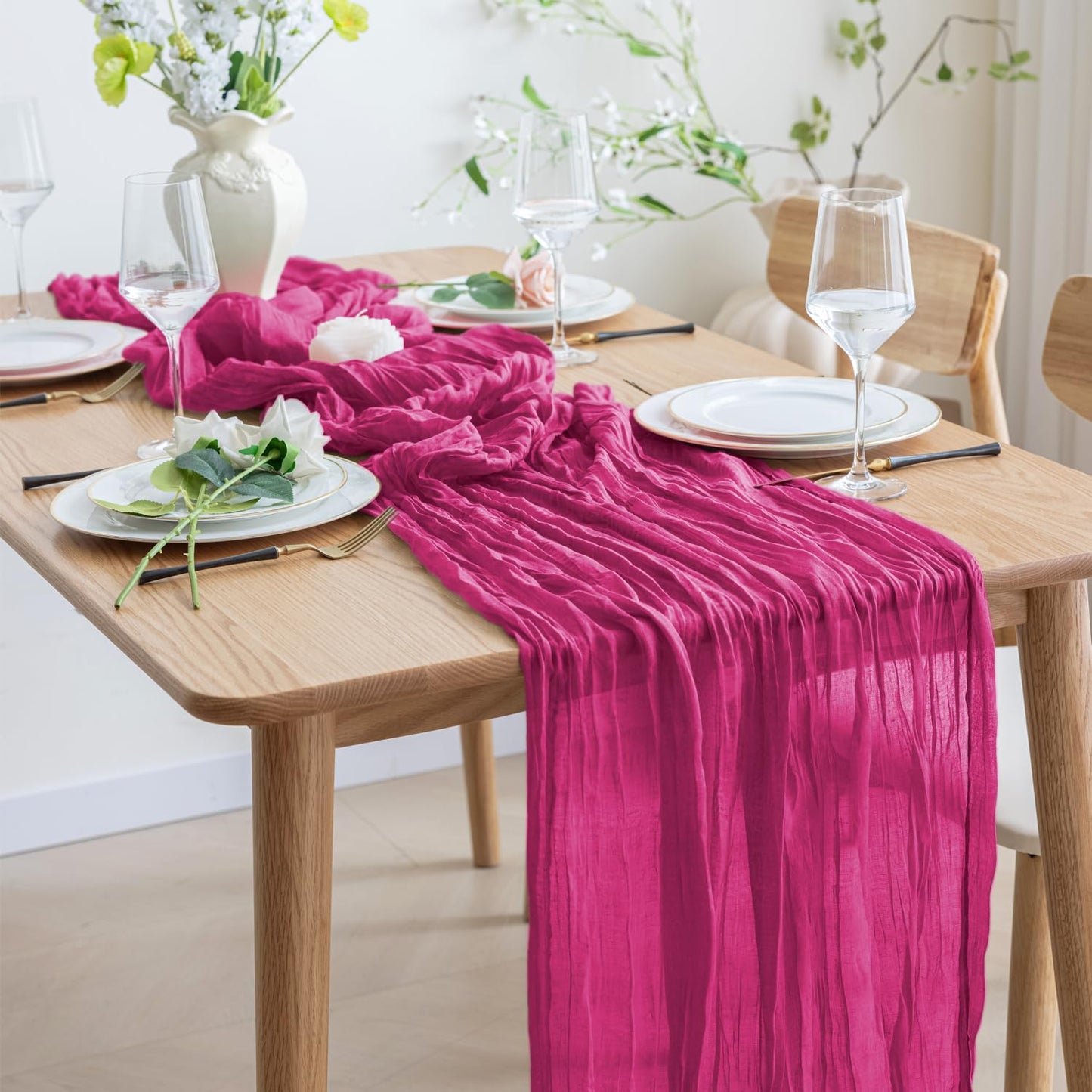 Cheesecloth Table Runner 120 Inches Long Fuchsia Boho Gauze Cheese Cloth Runner 10FT Rustic Sheer Fall Table Runners for Thanksgiving Wedding Party Baby Shower Decoration