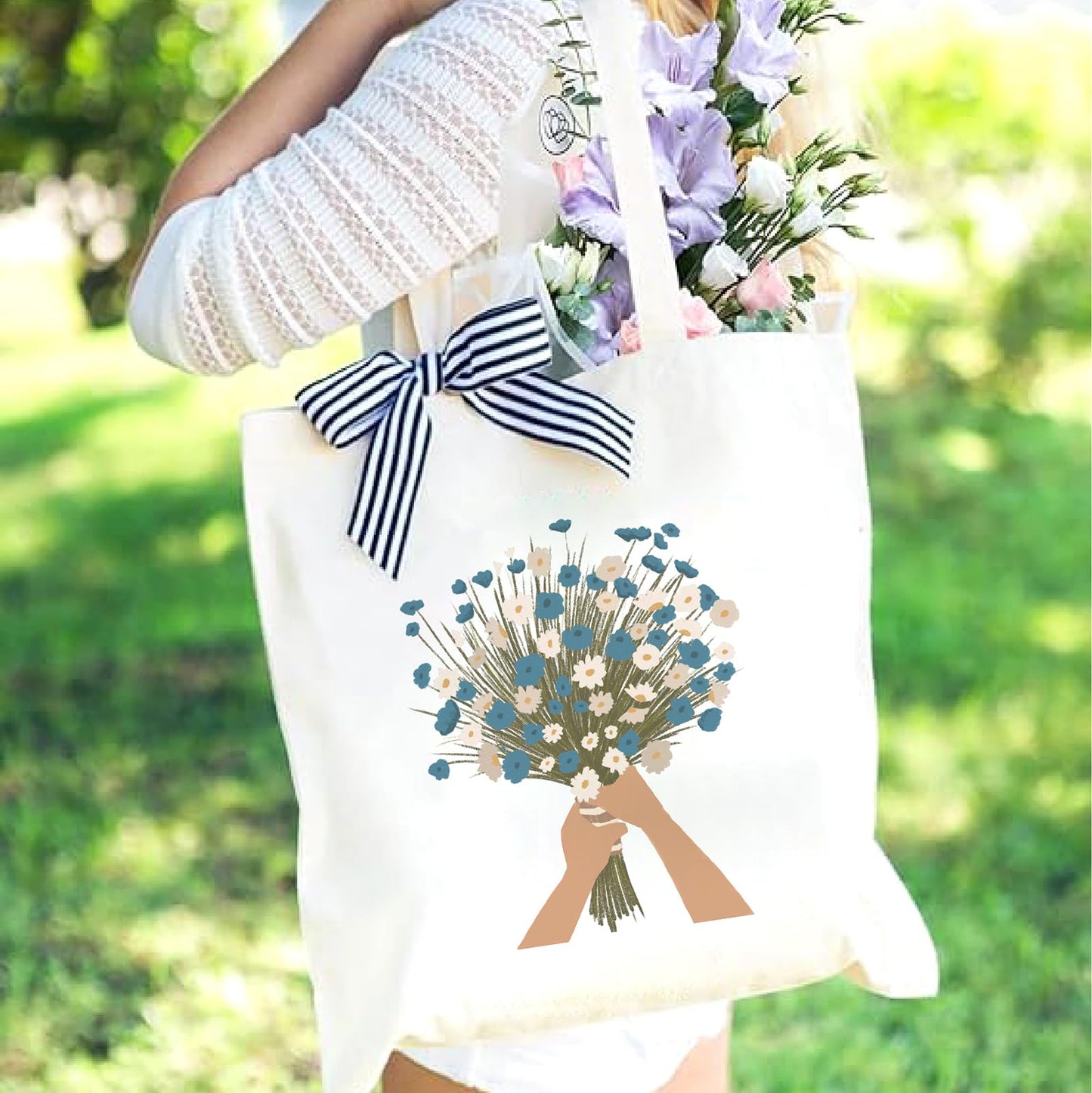 Kazova Aesthetic Flowers Cotton Canvas Tote Bag Blue Bouquet Bicycle Cloth Tote Bag Cute Cotton Tote Bag Art Canvas Tote Bag Reusable Shopping Bag for Gift