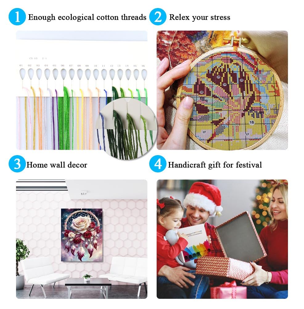 Dream Catcher Counted Cross Stitch Kits for Adults, Flowers Stamped Cross Stitch Kits for Beginners, Needlepoint Cross-Stitch Patterns Embroidery Kits Arts and Crafts for Home Decor 12×16 Inch