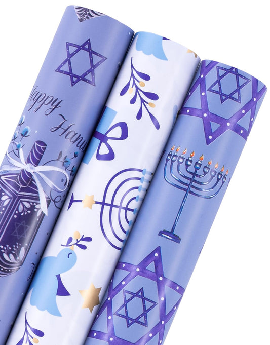 Hanukkah Wrapping Paper Roll - Mini Roll - 3 Rolls - 17 Inch x 120 Inch Per Roll - Menorah Lights, the Star of David and Dreidels Design