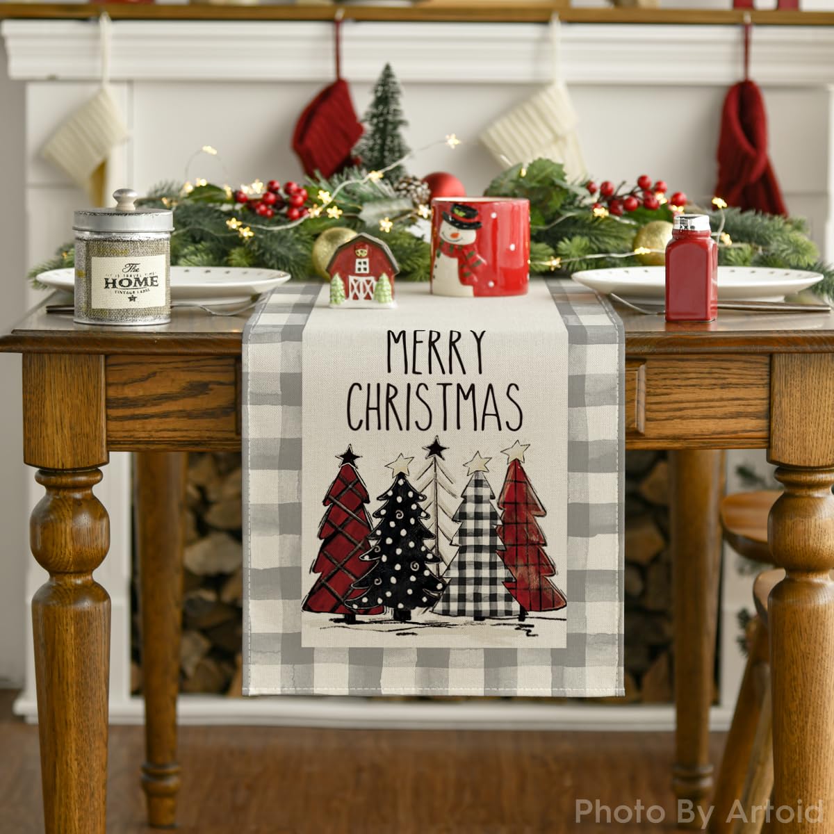 Waterclor Grey Buffalo Plaid Christmas Trees Merry Xmas Table Runner, Seasonal Winter Holiday Kitchen Dining Table Decoration for Indoor Outdoor Home Party Decor 13 x 72 Inch